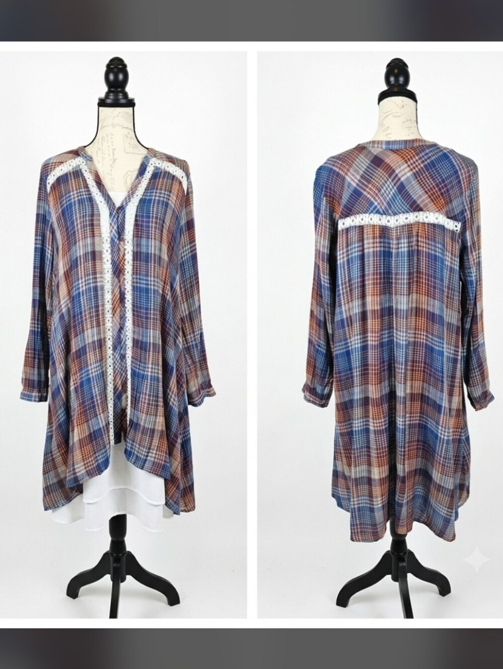 Anthropologie Holding Horses Plaid High Low Eyelet Dress Blue Orange XL
